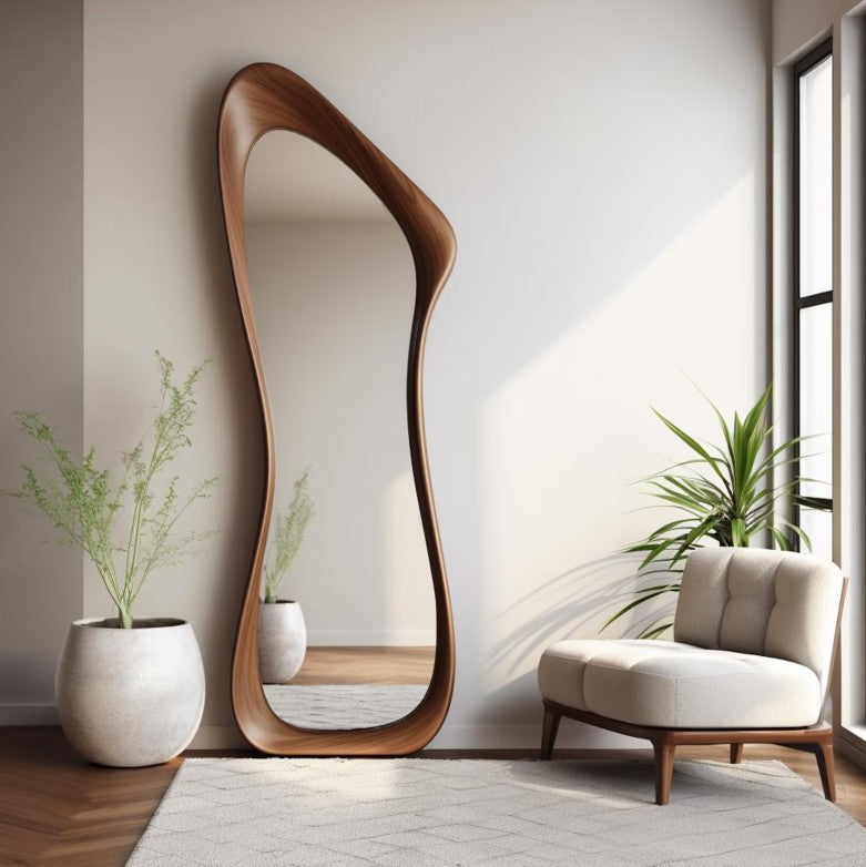 Unique Curved Frame Standing Wooden Body Mirror