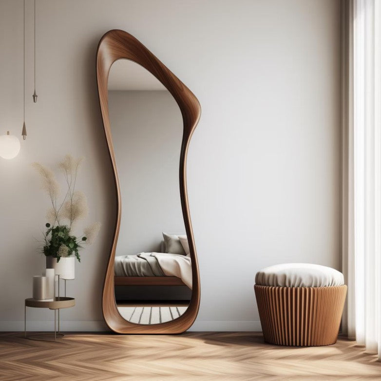 Unique Curved Frame Standing Wooden Body Mirror