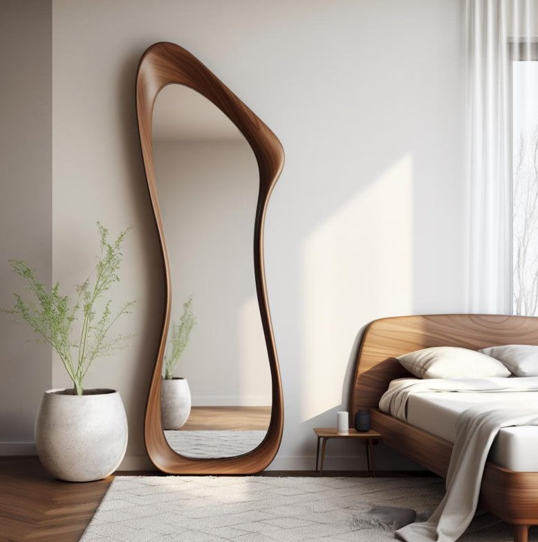 Unique Curved Frame Standing Wooden Body Mirror