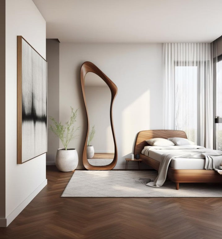 Unique Curved Frame Standing Wooden Body Mirror