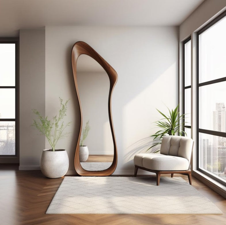 Unique Curved Frame Standing Wooden Body Mirror