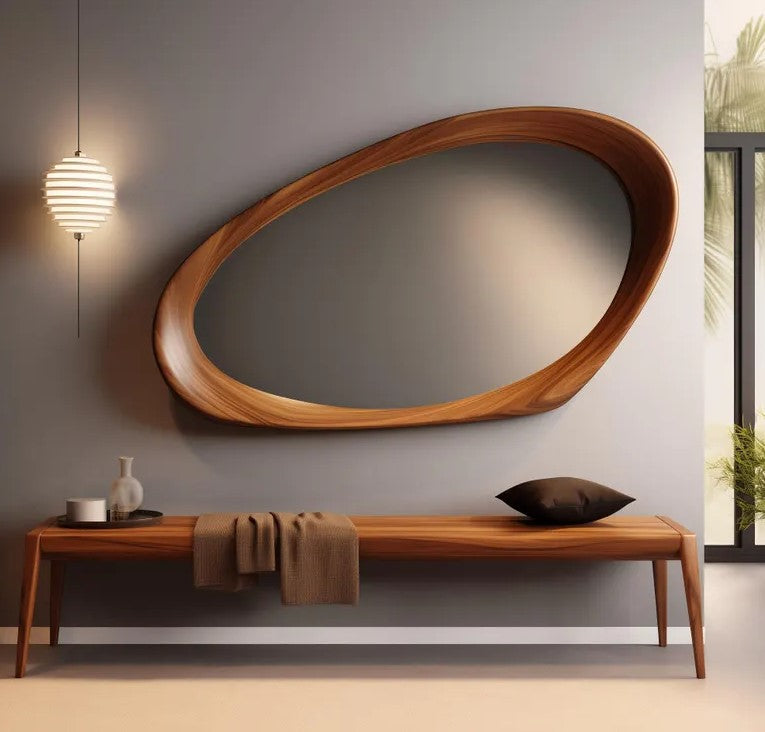 Artistic Abstract Walnut Wooden Wall Mirror