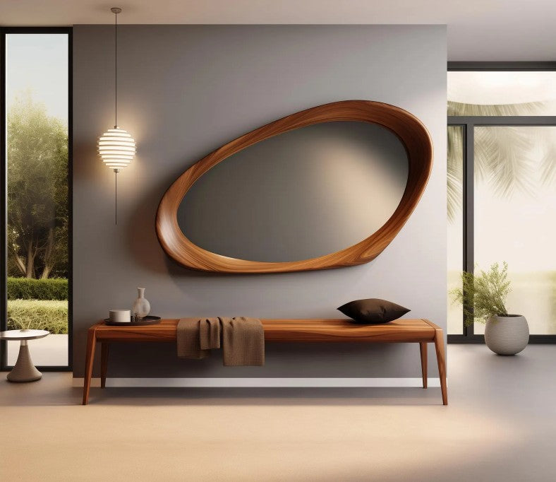 Artistic Abstract Walnut Wooden Wall Mirror