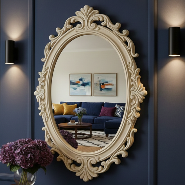 Antique Style Oval 3D Wall Mirror with Ornate Carved Frame – Luxury Decorative Wall Mirrors for Home & Studio