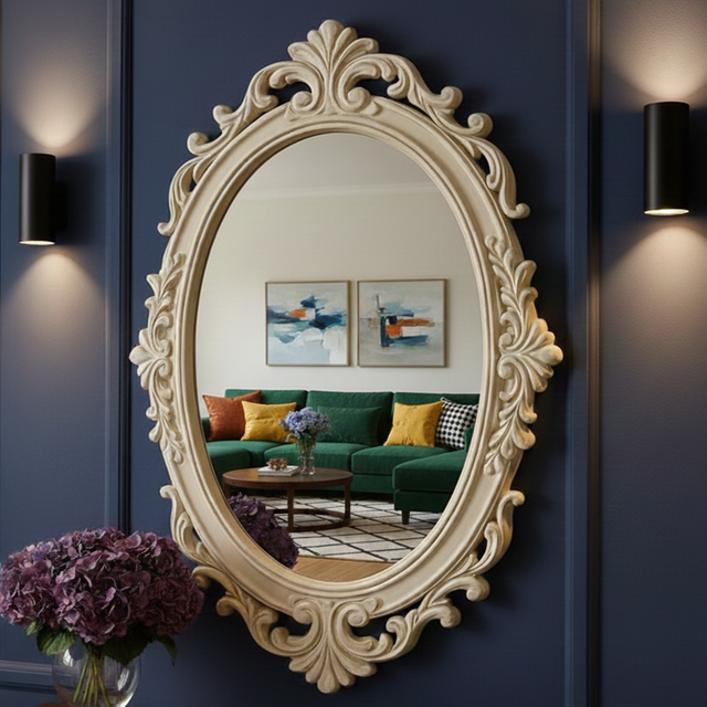 Antique Style Oval 3D Wall Mirror with Ornate Carved Frame – Luxury Decorative Wall Mirrors for Home & Studio