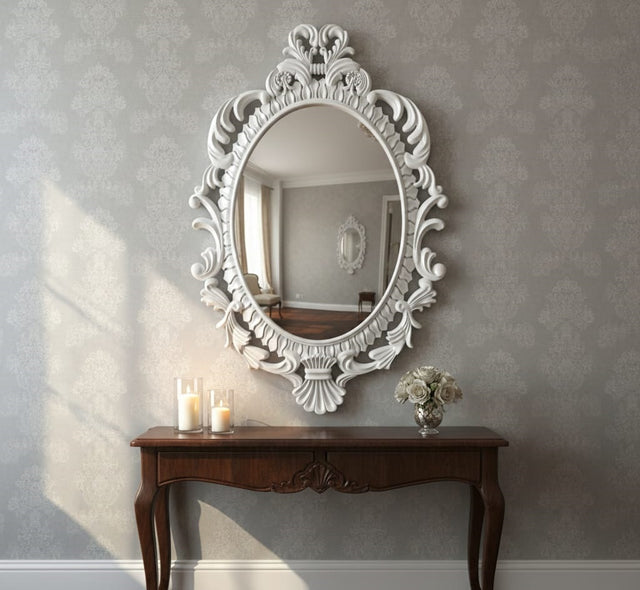 Luxury Oval 3D Wall Mirror with Handcrafted White Ornate Frame