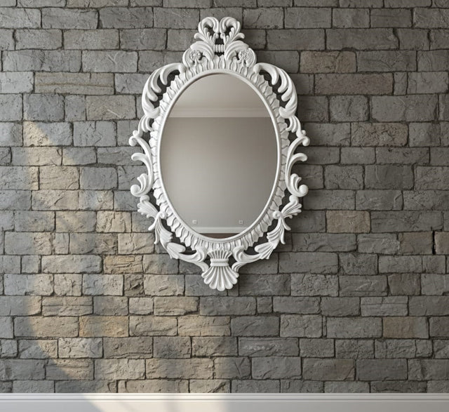 Luxury Oval 3D Wall Mirror with Handcrafted White Ornate Frame