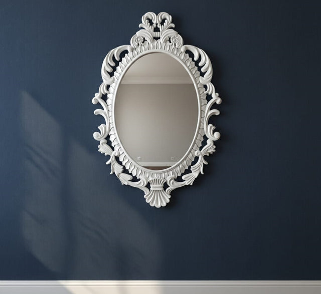 Luxury Oval 3D Wall Mirror with Handcrafted White Ornate Frame