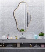 Asymmetrical Irregular Bathroom Decor Mirror with Golden Wooden Finish
