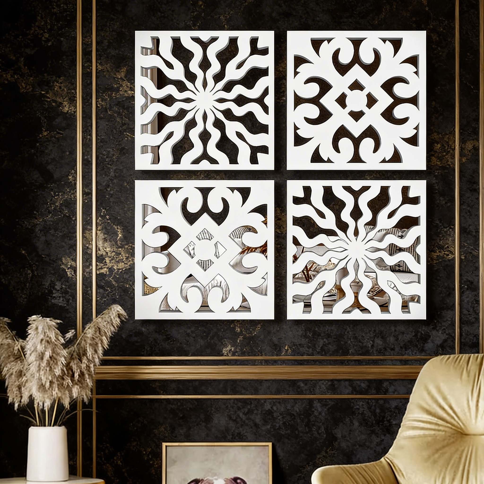 Intricate Pattern Tiles Mirror Wall Art Set of Four
