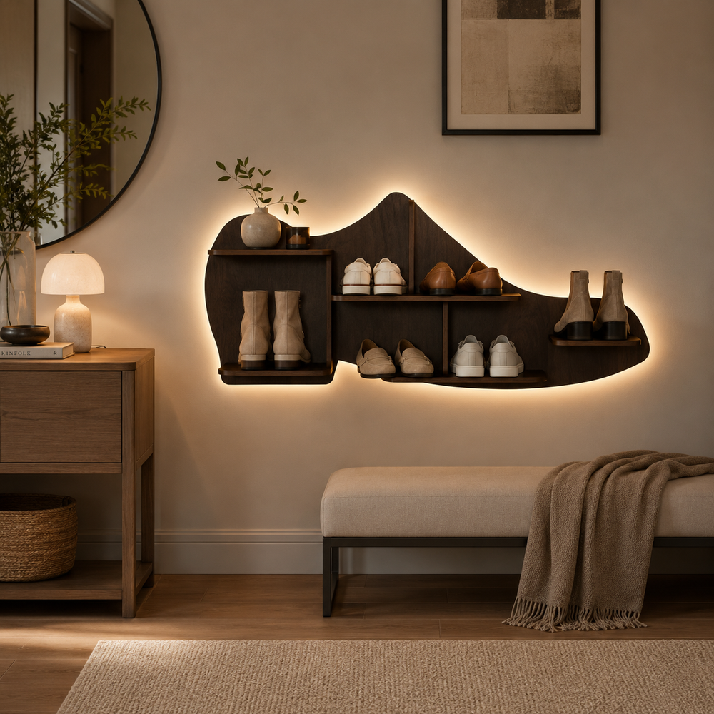 Beautiful Shoe Shape Designer Wooden Wall Shelf /Men's Shoe Shelf, Walnut Finish
