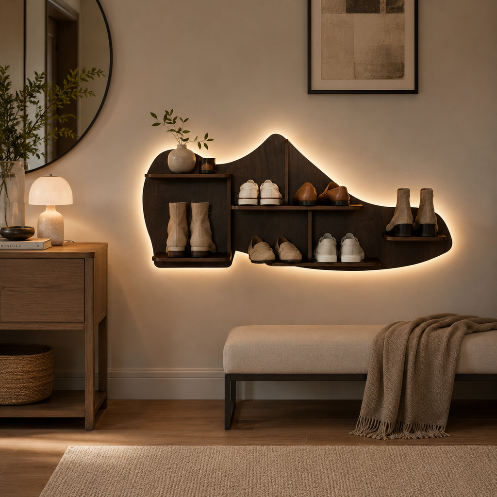 Beautiful Shoe Shape Designer Wooden Wall Shelf /Men's Shoe Shelf, Walnut Finish