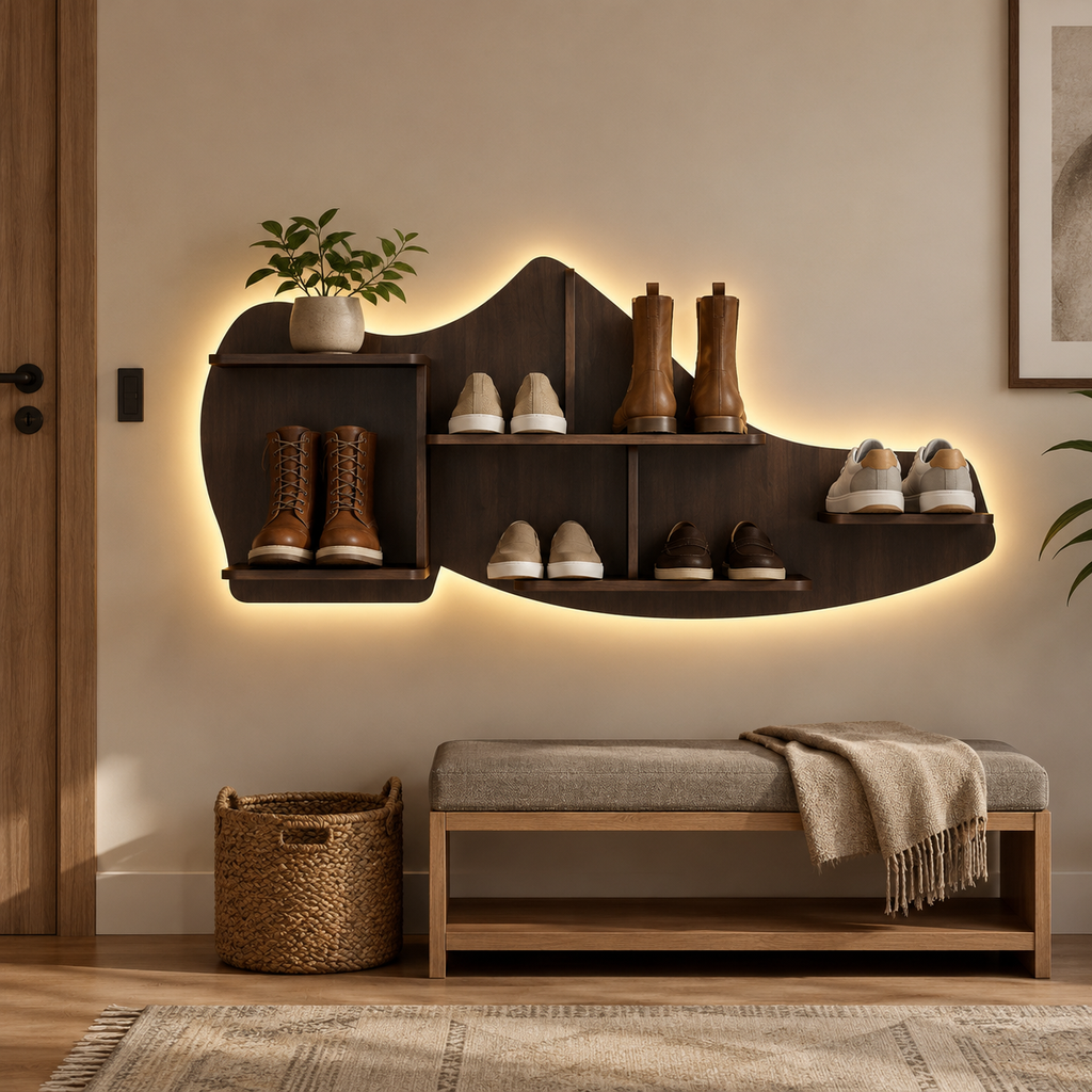 Beautiful Shoe Shape Designer Wooden Wall Shelf /Men's Shoe Shelf, Walnut Finish