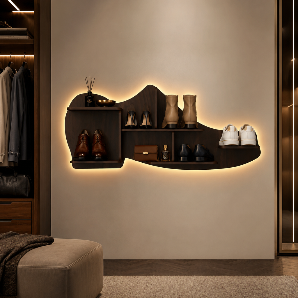 Beautiful Shoe Shape Designer Wooden Wall Shelf /Men's Shoe Shelf, Walnut Finish