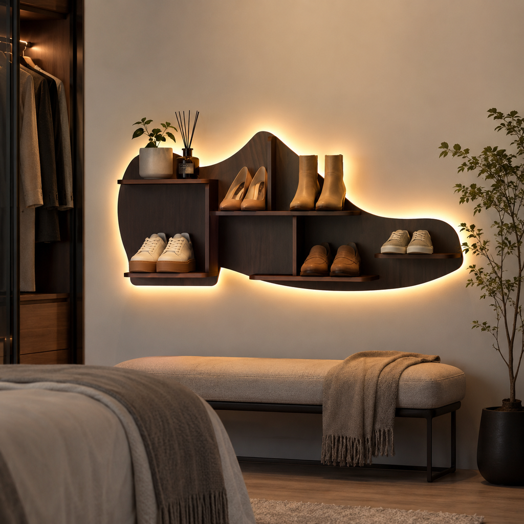 Beautiful Shoe Shape Designer Wooden Wall Shelf /Men's Shoe Shelf, Walnut Finish