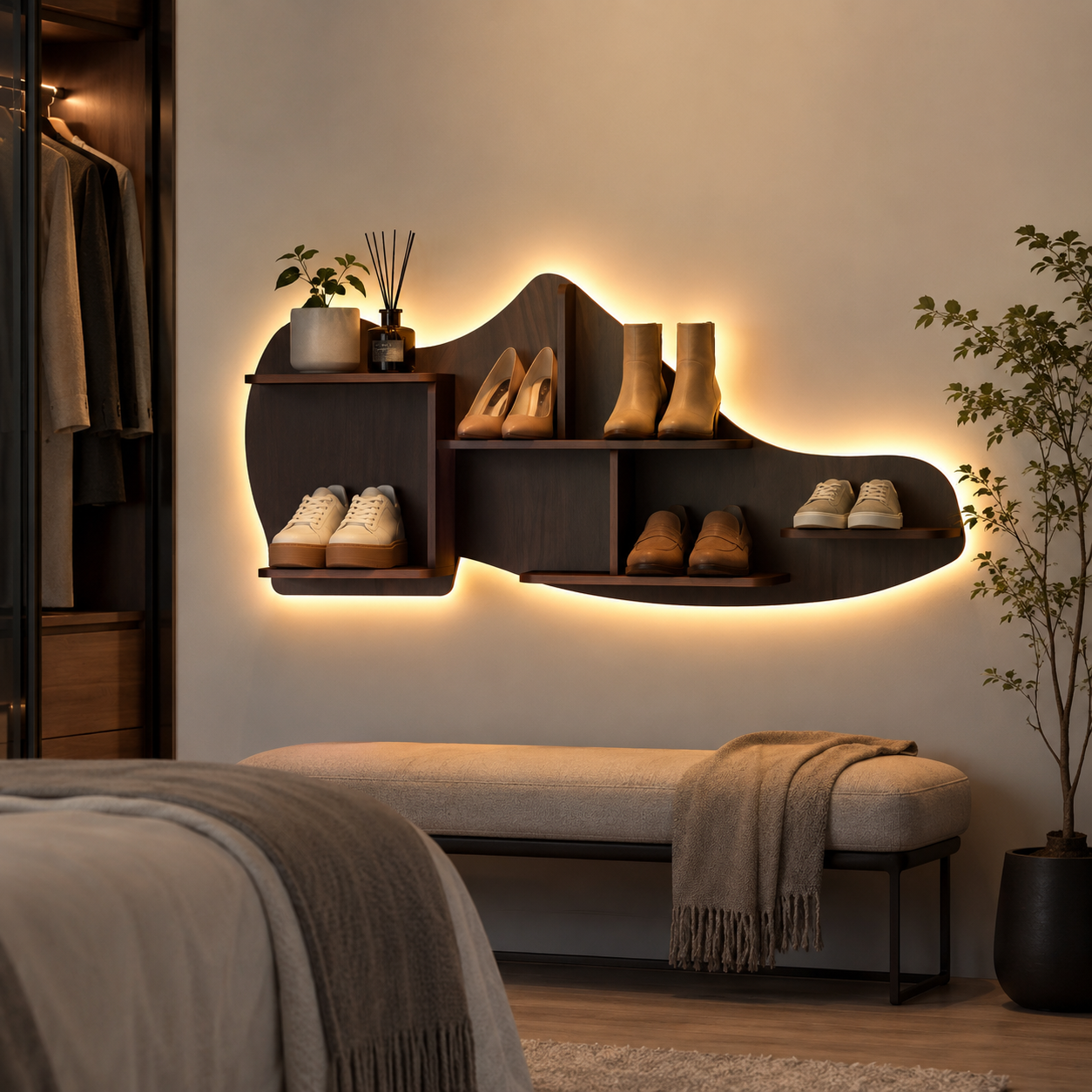 Beautiful Shoe Shape Designer Wooden Wall Shelf /Men's Shoe Shelf, Walnut Finish