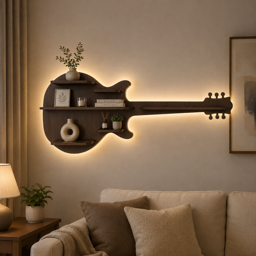 Guitar Backlit Designer Wooden Wall Shelf / Book Shelf / Night Light, Walnut Finish