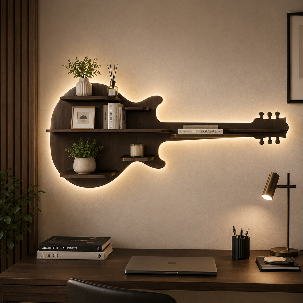 Guitar Backlit Designer Wooden Wall Shelf / Book Shelf / Night Light, Walnut Finish