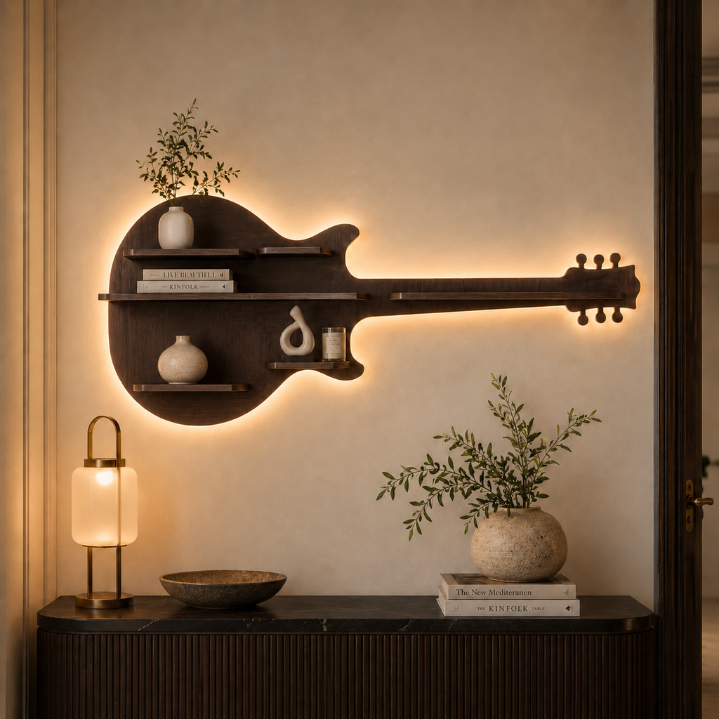 Guitar Backlit Designer Wooden Wall Shelf / Book Shelf / Night Light, Walnut Finish