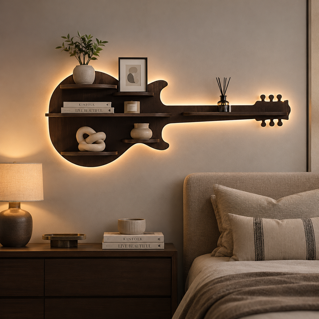 Guitar Backlit Designer Wooden Wall Shelf / Book Shelf / Night Light, Walnut Finish