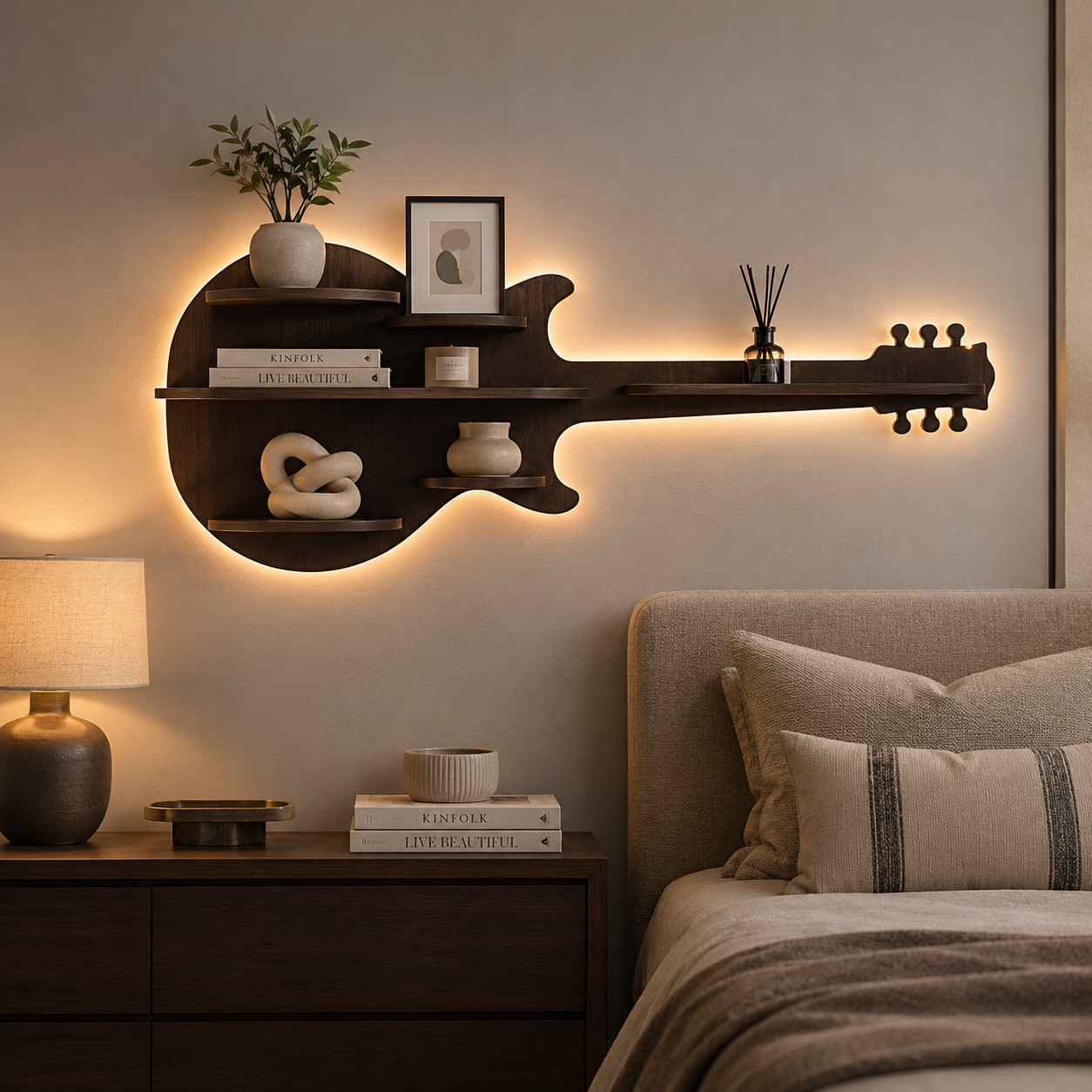 Guitar Backlit Designer Wooden Wall Shelf / Book Shelf / Night Light, Walnut Finish