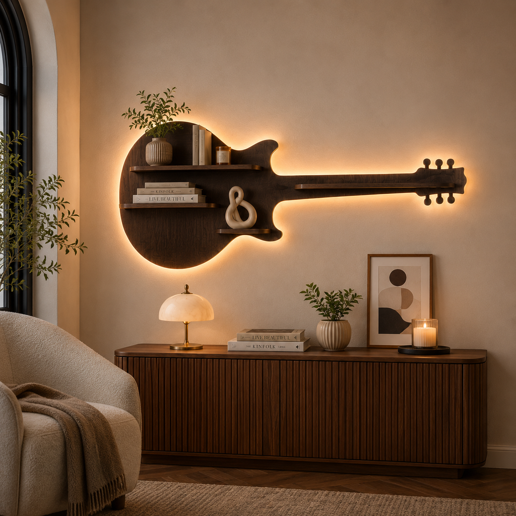 Guitar Backlit Designer Wooden Wall Shelf / Book Shelf / Night Light, Walnut Finish