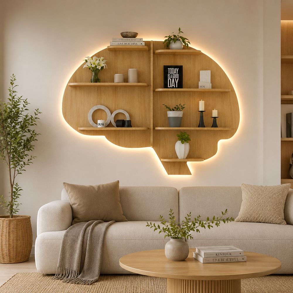 Brain Shape Backlit Designer Wooden Wall Shelf / Book Shelf / Night Light, Light Oak Finish