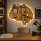 Brain Shape Backlit Designer Wooden Wall Shelf / Book Shelf / Night Light, Light Oak Finish