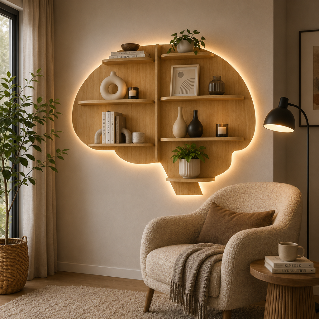 Brain Shape Backlit Designer Wooden Wall Shelf / Book Shelf / Night Light, Light Oak Finish