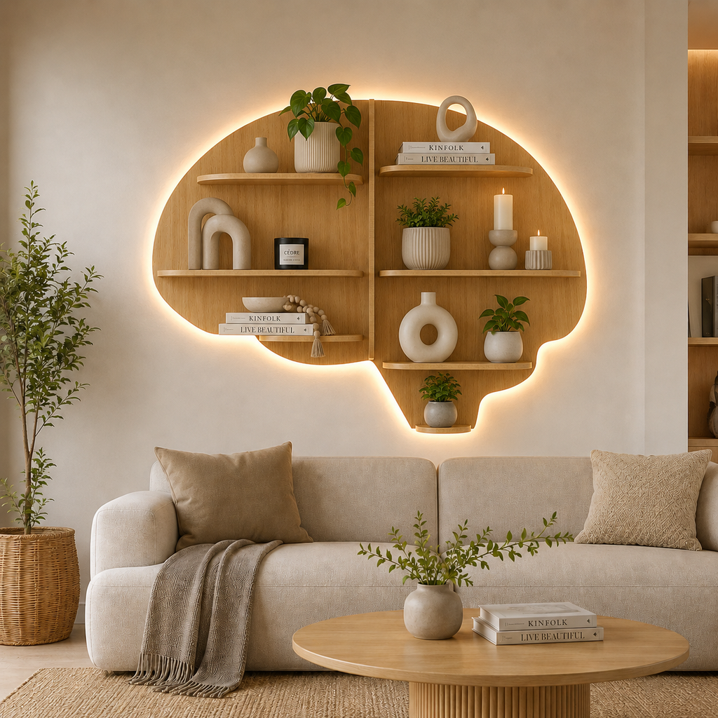 Brain Shape Backlit Designer Wooden Wall Shelf / Book Shelf / Night Light, Light Oak Finish