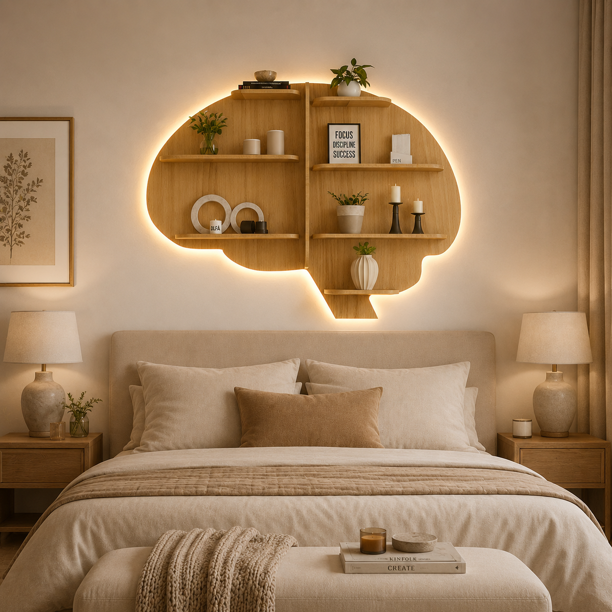 Brain Shape Backlit Designer Wooden Wall Shelf / Book Shelf / Night Light, Light Oak Finish