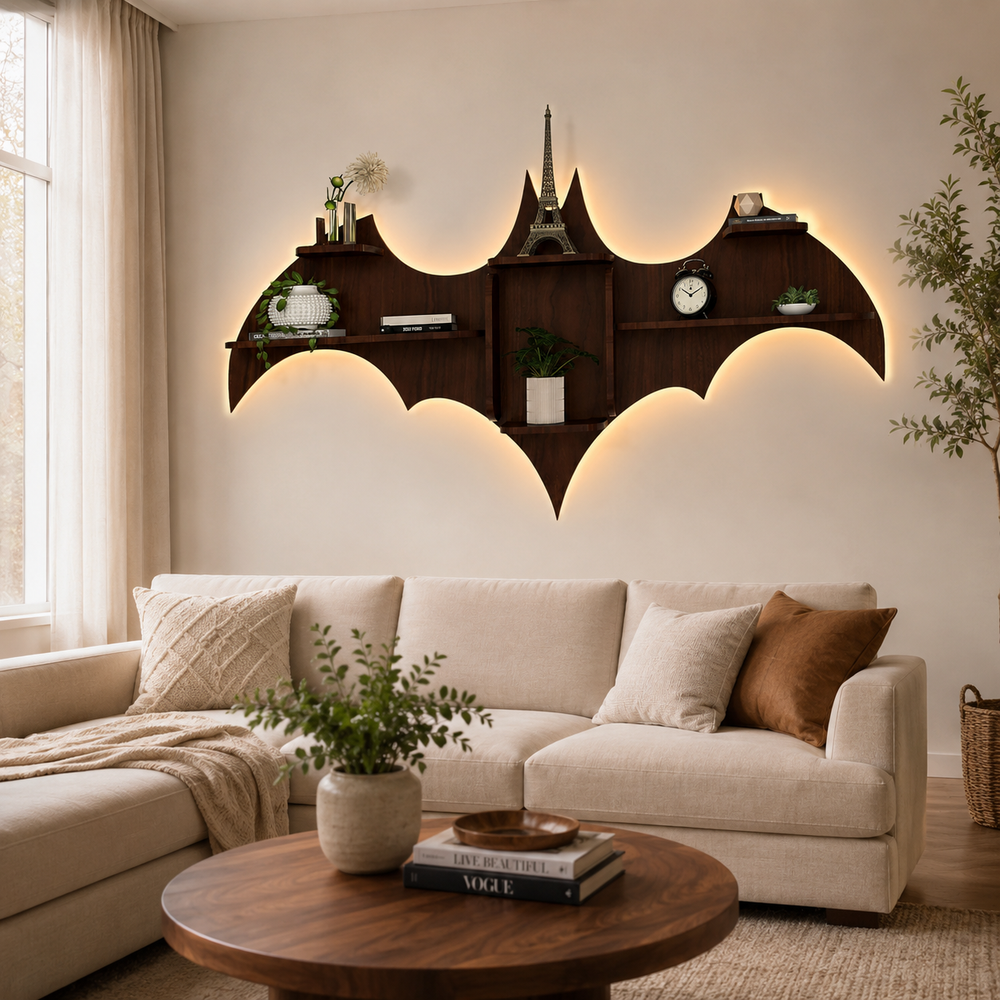 Bat Shape Backlit Designer Wooden Wall Shelf Book Shelf Night Light, Walnut Finish