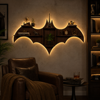 Bat Shape Backlit Designer Wooden Wall Shelf Book Shelf Night Light, Walnut Finish