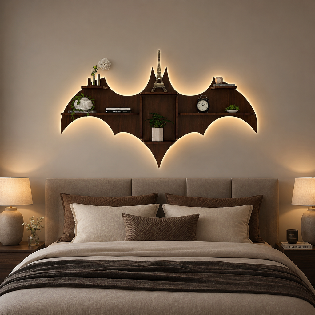 Bat Shape Backlit Designer Wooden Wall Shelf Book Shelf Night Light, Walnut Finish