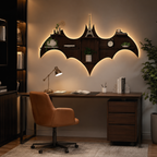 Bat Shape Backlit Designer Wooden Wall Shelf Book Shelf Night Light, Walnut Finish