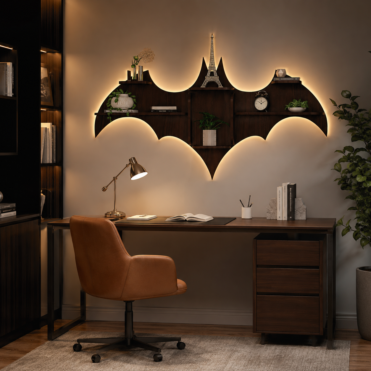 Bat Shape Backlit Designer Wooden Wall Shelf Book Shelf Night Light, Walnut Finish