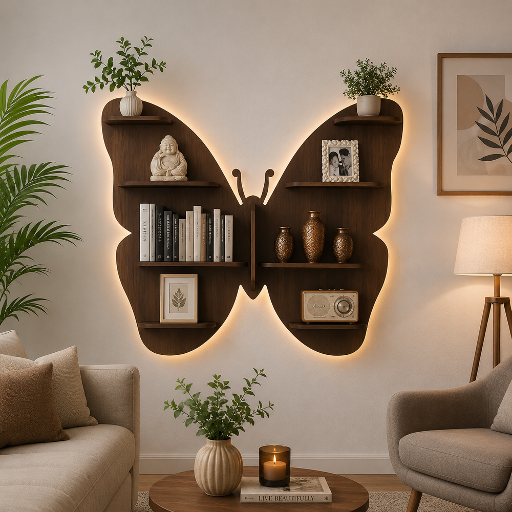 Butterfly Shape Backlit Designer Wooden Wall Shelf / Book Shelf / Night Light, Walnut Finish