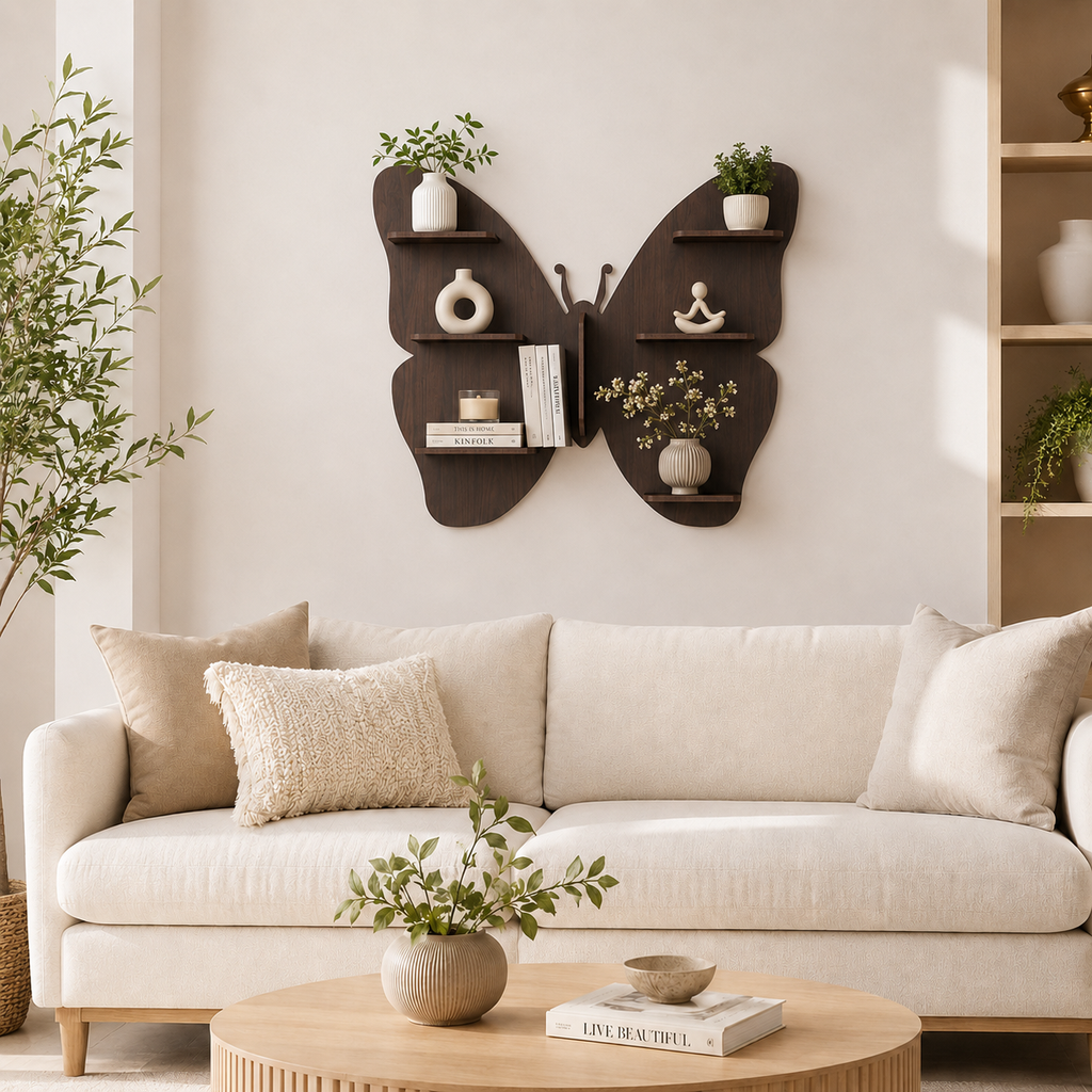 Butterfly Shape Backlit Designer Wooden Wall Shelf / Book Shelf / Night Light, Walnut Finish