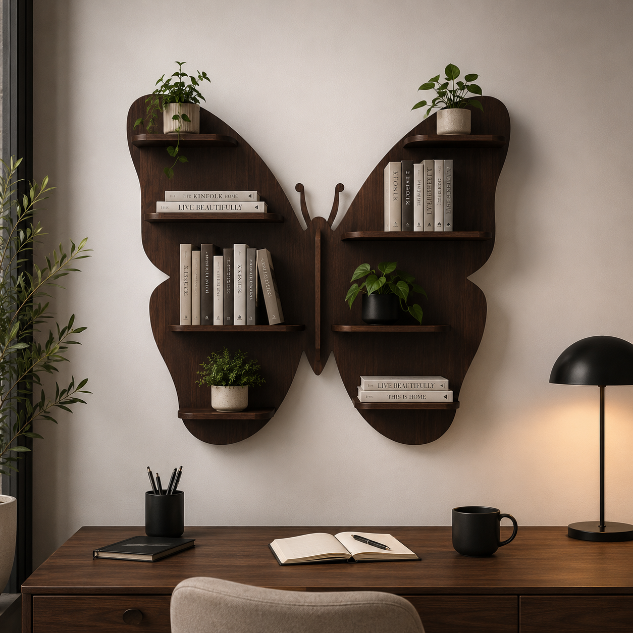 Butterfly Shape Backlit Designer Wooden Wall Shelf / Book Shelf / Night Light, Walnut Finish