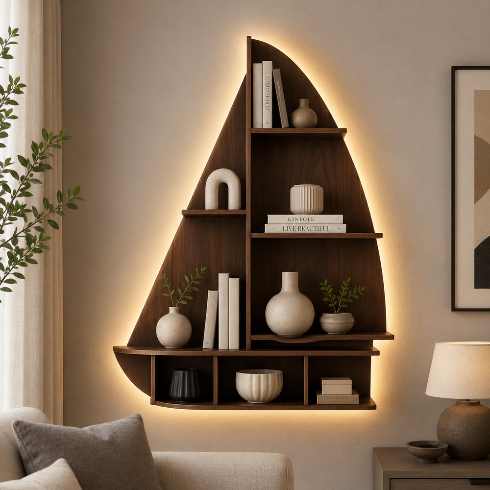 Ship Backlit Designer Wooden Wall Shelf / Book Shelf / Night Light, Walnut Finish