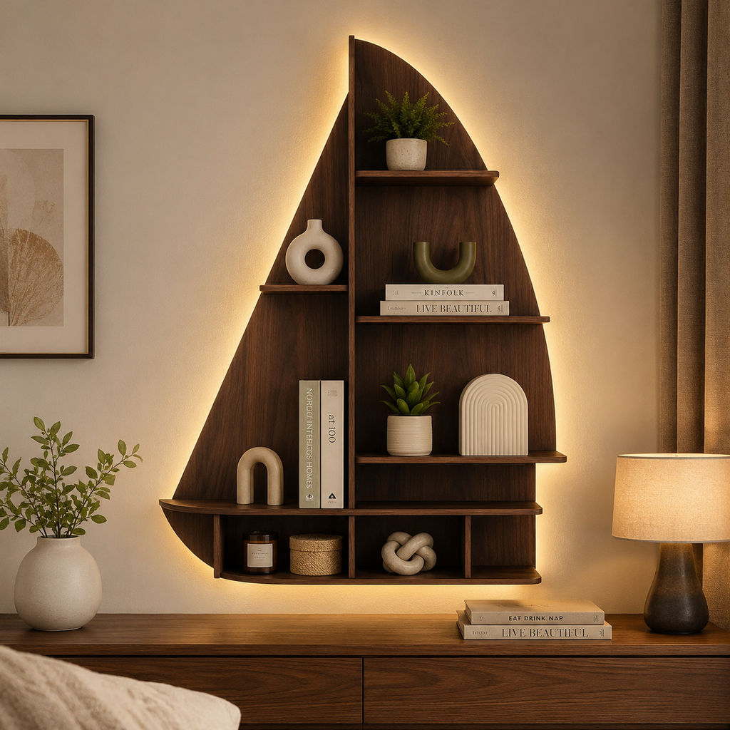 Ship Backlit Designer Wooden Wall Shelf / Book Shelf / Night Light, Walnut Finish