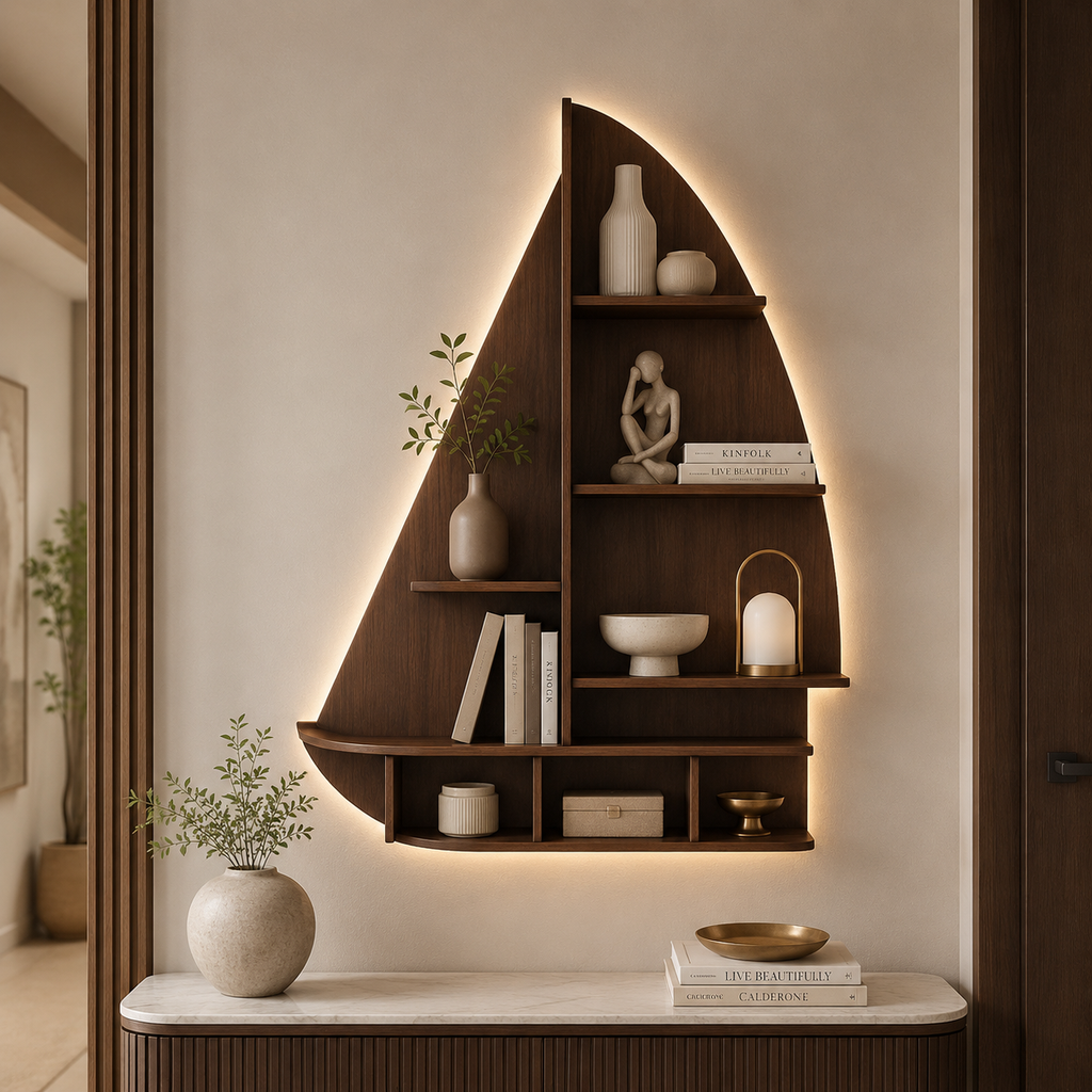 Ship Backlit Designer Wooden Wall Shelf / Book Shelf / Night Light, Walnut Finish