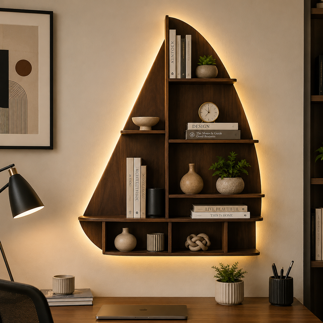Ship Backlit Designer Wooden Wall Shelf / Book Shelf / Night Light, Walnut Finish