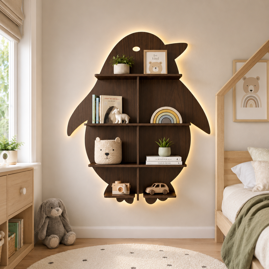 Penguin Backlit Designer Wooden Wall Shelf / Book Shelf / Night Light, Walnut Finish