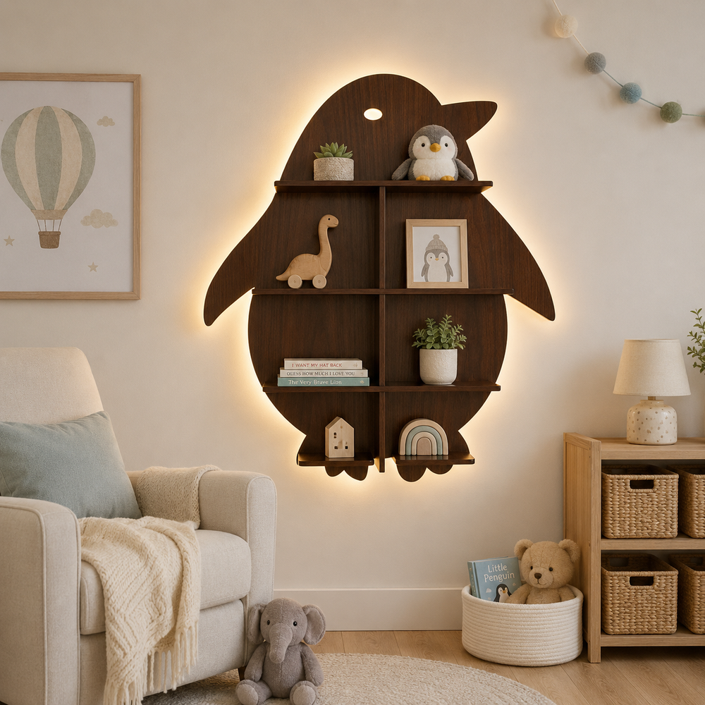 Penguin Backlit Designer Wooden Wall Shelf / Book Shelf / Night Light, Walnut Finish