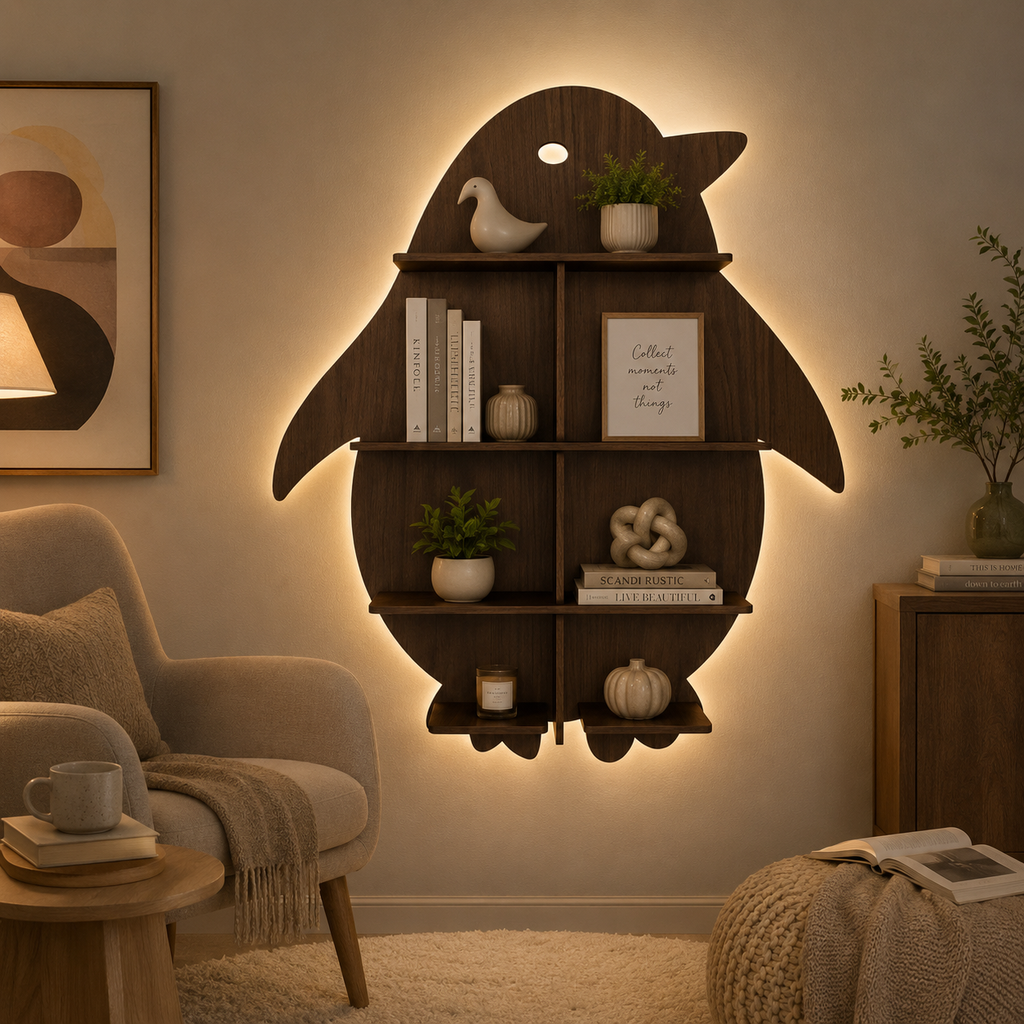 Penguin Backlit Designer Wooden Wall Shelf / Book Shelf / Night Light, Walnut Finish