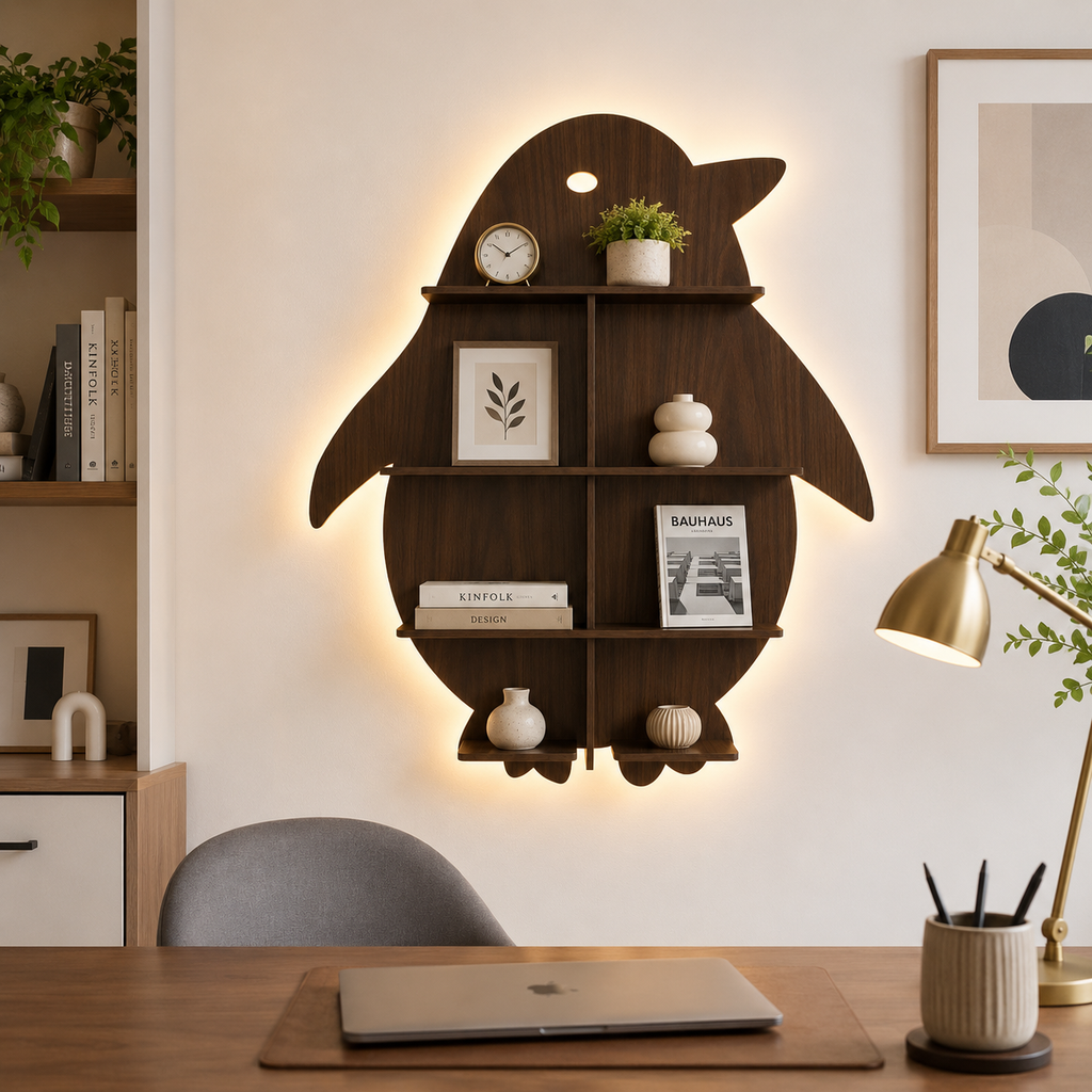 Penguin Backlit Designer Wooden Wall Shelf / Book Shelf / Night Light, Walnut Finish