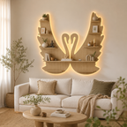 Beautiful Loving Swan Backlit Designer Wooden Wall Shelf / Book Shelf / Night Light, Light Oak Finish