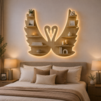 Beautiful Loving Swan Backlit Designer Wooden Wall Shelf / Book Shelf / Night Light, Light Oak Finish