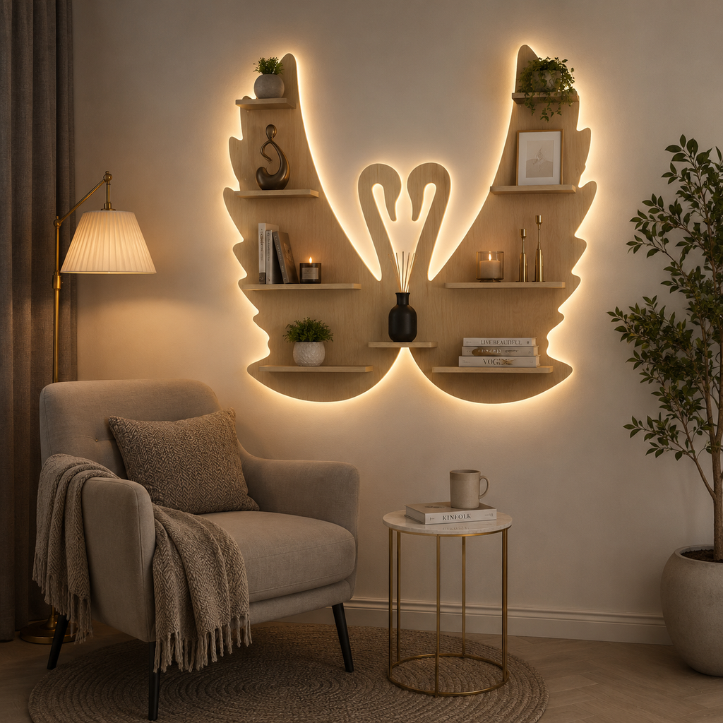 Beautiful Loving Swan Backlit Designer Wooden Wall Shelf / Book Shelf / Night Light, Light Oak Finish